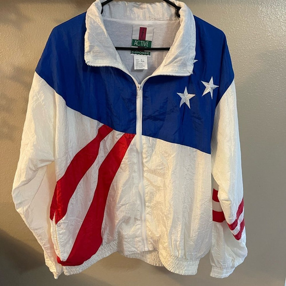 Vintage 90s Active Exposure Stars And Stripes Windbreaker Jacket Size L 1131 - Picture 2 of 6
